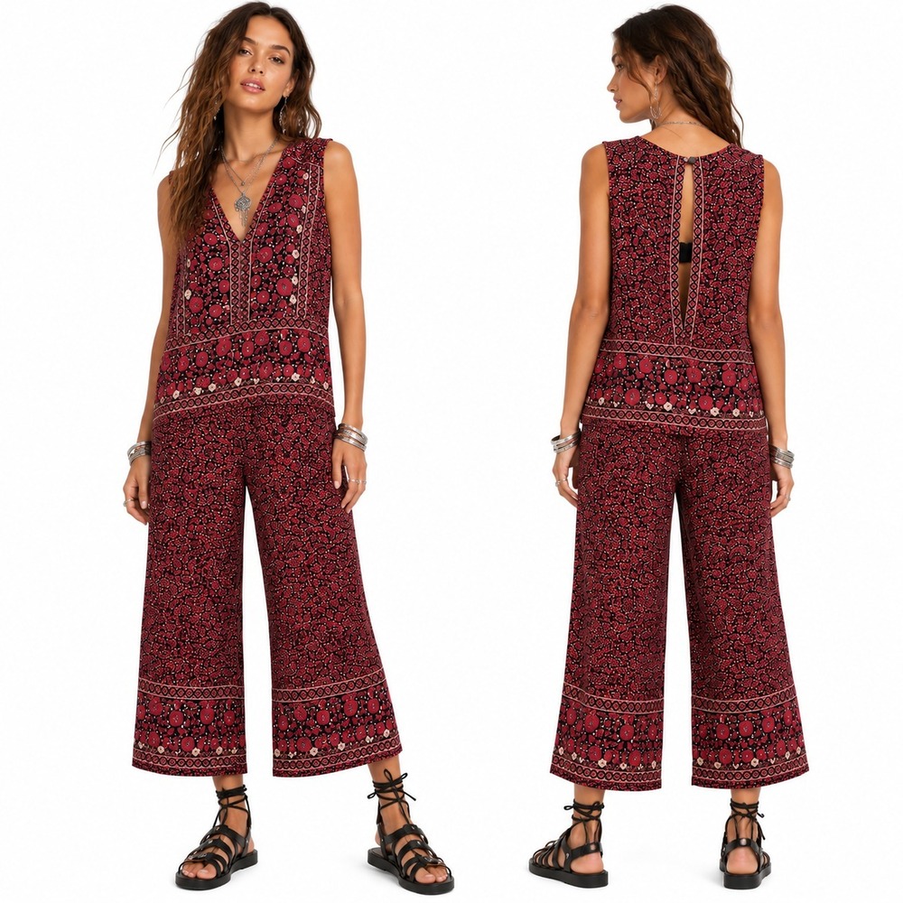 Free People Floral Wide Leg Jumpsuit Womens Medium Black Pink Open Back Boho